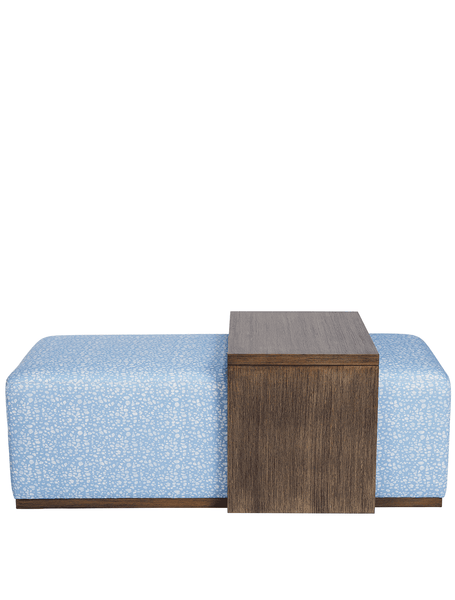Two-toned furniture piece with a wooden top and blue patterned sides on a white background