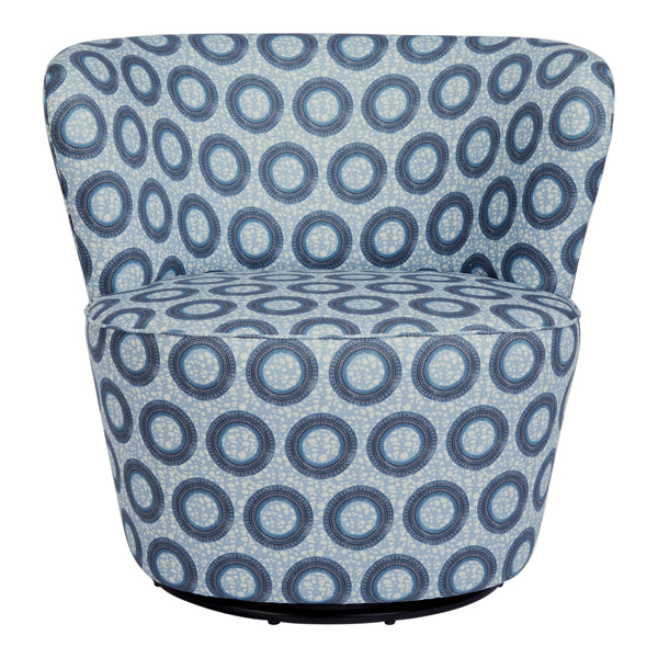 Chair with blue geometric African circular pattern on a light blue background