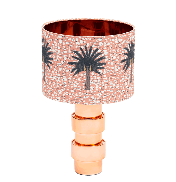 Colourful terracotta pink African batik print lampshade with large brown and black palm tree