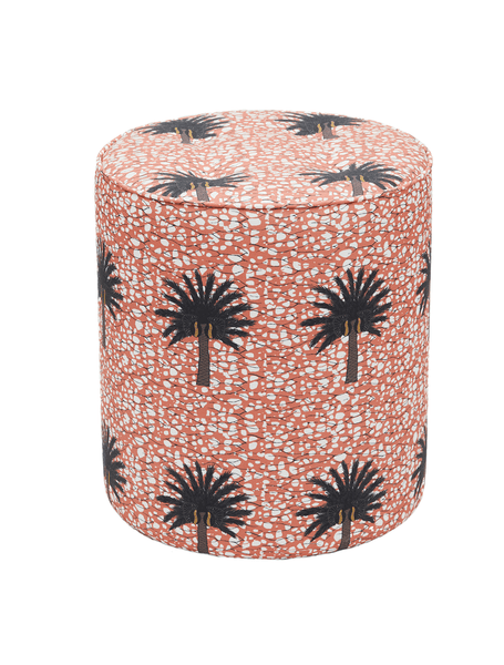 Bright baby pink African print pouffe with large green and brown tropical palm tree