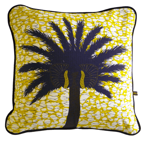Colourful and bold yellow African batik print cushion with large tropical palm tree