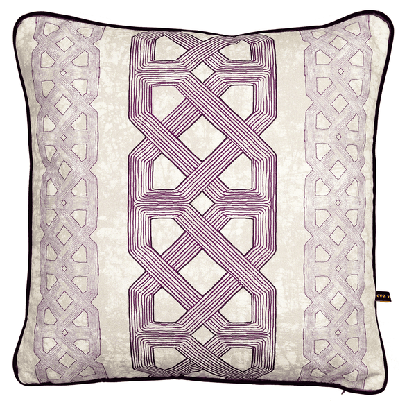 Elegant African batik print cushion with purple graphic pattern on batik base