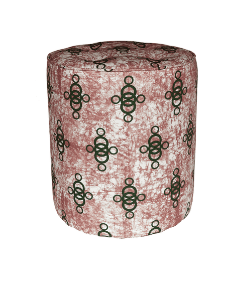 Pink African batik pouffe with green pattern