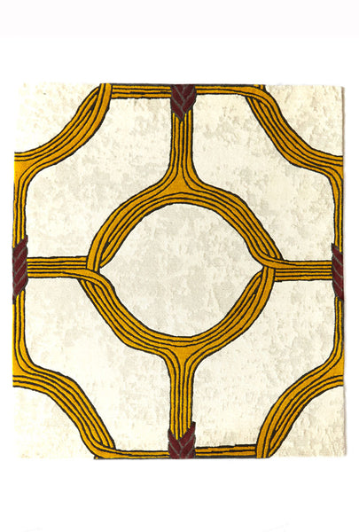 Elegant African rug with modern ethnic yellow circular design on light batik pattern
