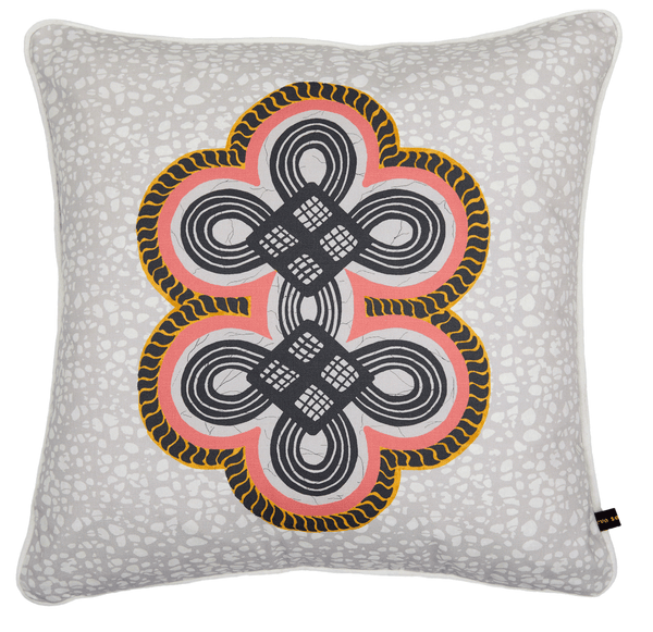 Luxury African cushion with calm grey tropical pattern on batik base