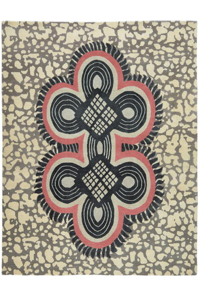 Elegant African rug with grey and pink calm topical pattern handwoven in Nepal from New Zealand wool