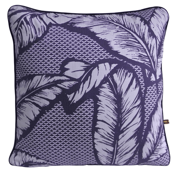 Vibrant African cushion with bold purple palm leaf design