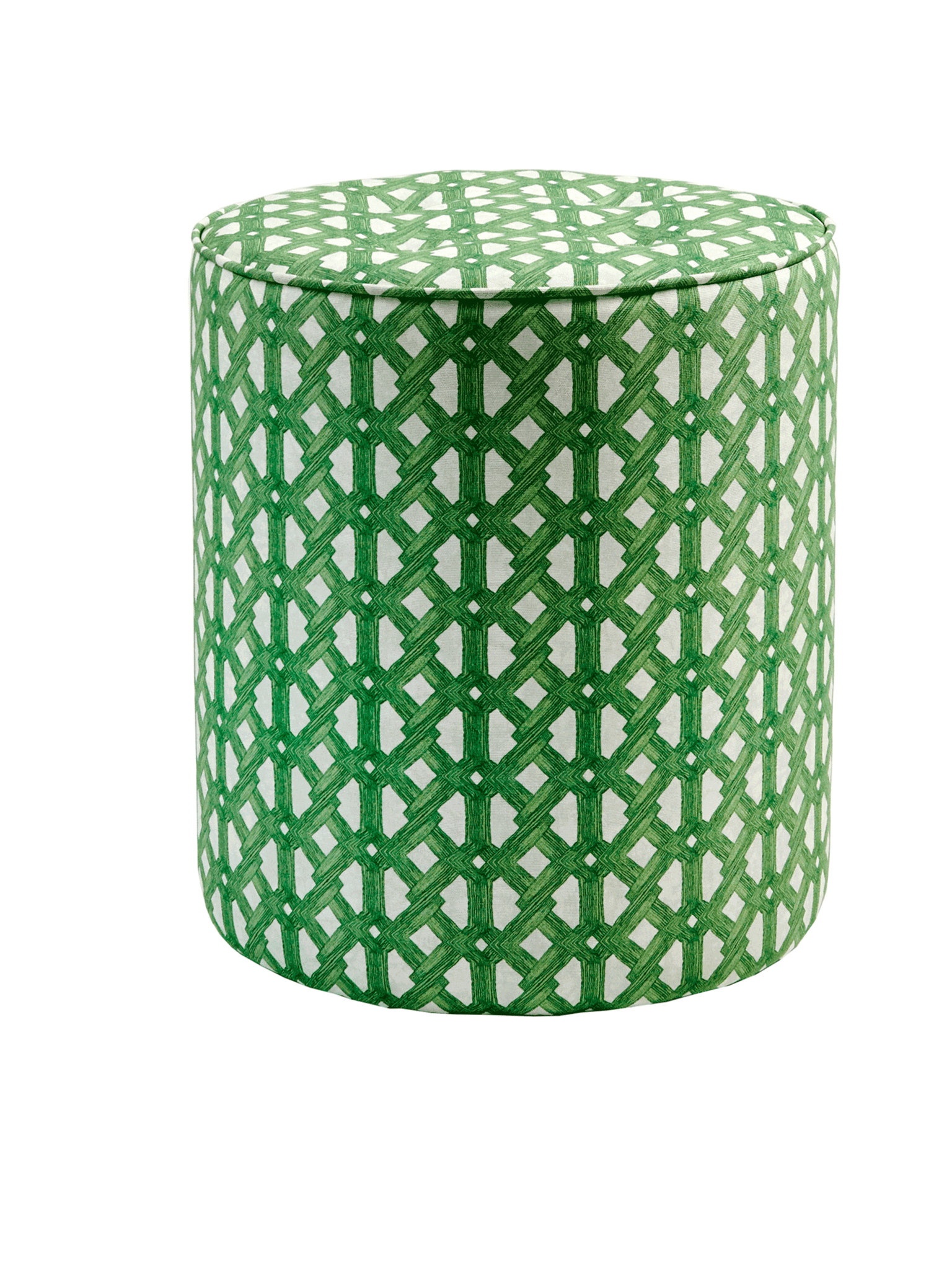 Contemporary African Pouffe with a bright green geometric pattern, inspired by mid century West African architecture. The green Aluro ottoman is handmade in England and our colourful African-inspired pouffe brings colour and an African vibe to modern interiors. Colourful  home furnishings in modern African design. Tropical modernism for contemporary interiors.