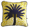 Colourful and bold yellow African batik print cushion with large tropical palm tree  