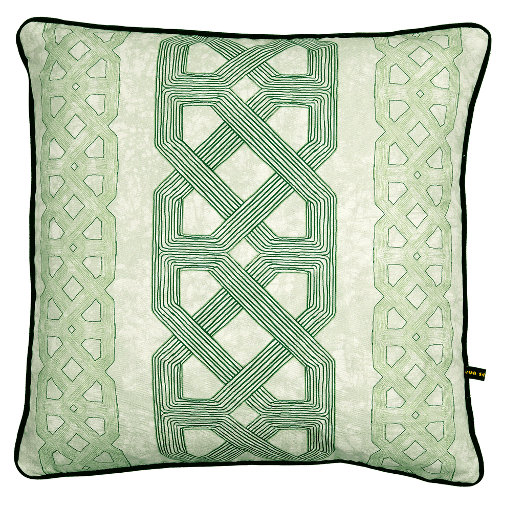 Elegant African batik print cushion with graphic green  pattern on light green batik base