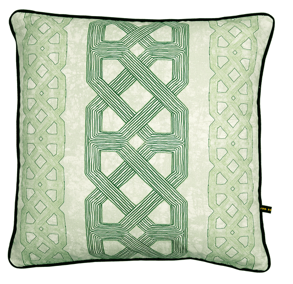 Elegant African batik print cushion with graphic green  pattern on light green batik base