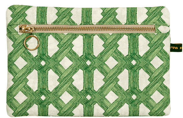 African batik print envelope bag with vibrant green geometric pattern and gold zip