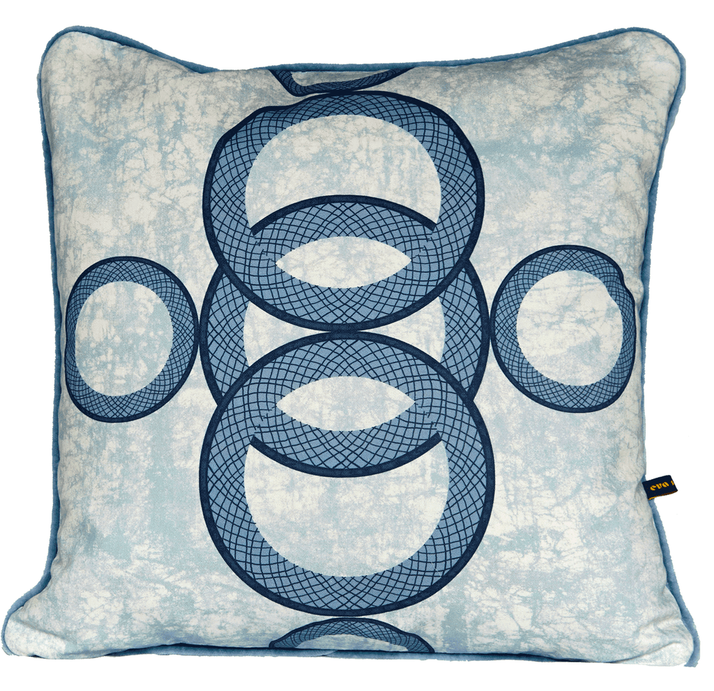 Ara Blue a light blue luxury African cushion with circular pattern on blue batik base