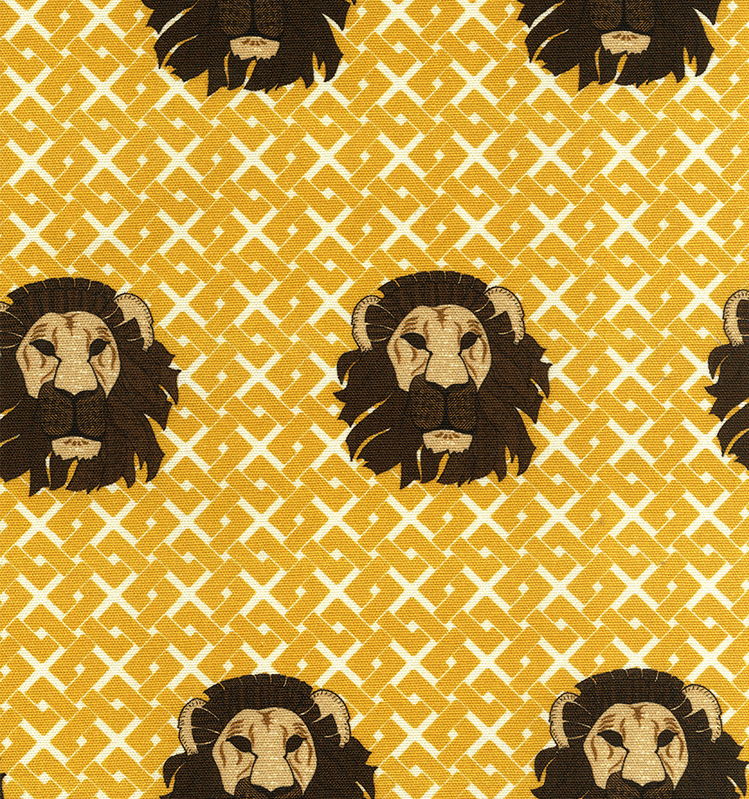 African Lion head upholstery fabric with yellow geometric pattern