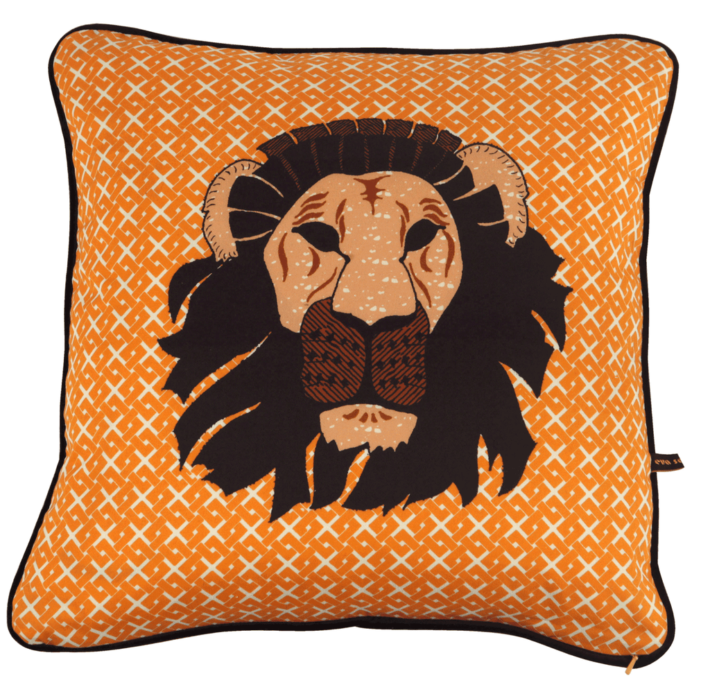 African Lion head cushion with yellow geometric pattern