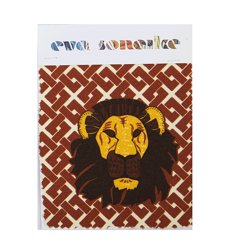 African Lion head upholstery fabric with brown geometric pattern