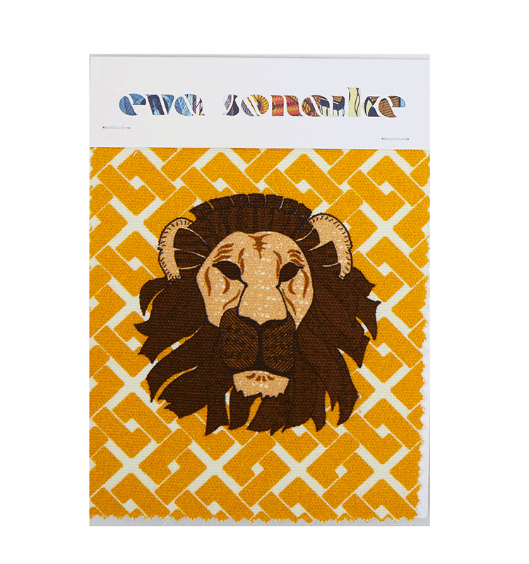 African Lion head upholstery fabric with yellow geometric pattern