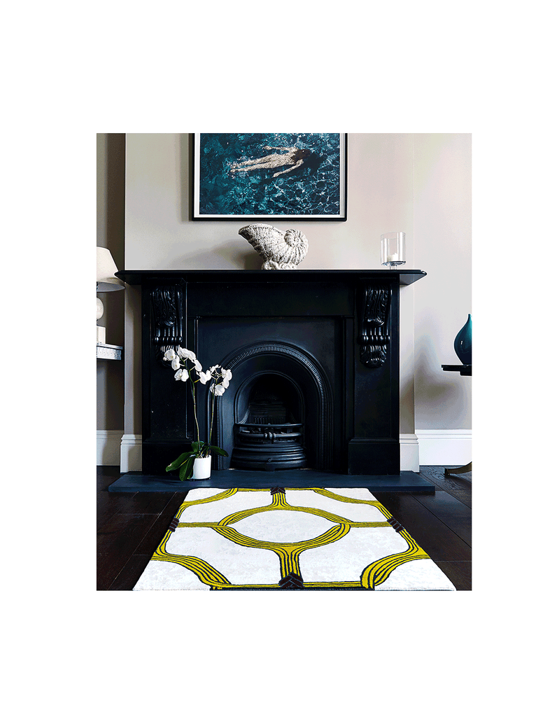 Elegant African rug with modern ethnic yellow circular design on light batik pattern