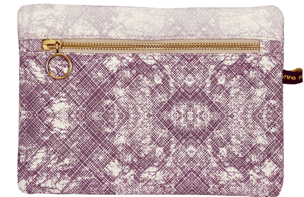 African inspired batik bag with purple fading textured pattern and gold zip
