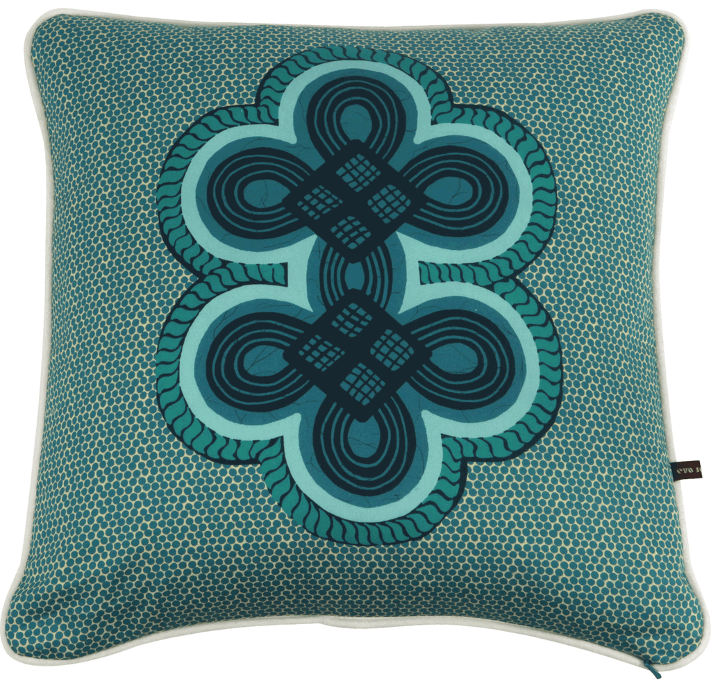 Modern African cushion with vibrant blue  tropical pattern on batik base