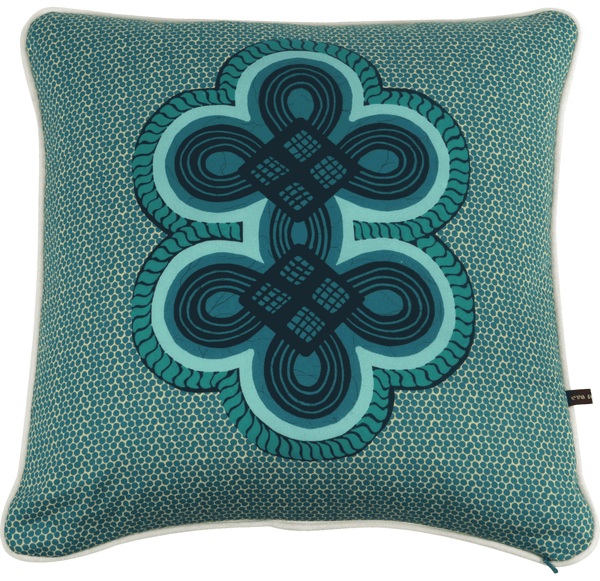 Modern African cushion with vibrant blue  tropical pattern on batik base