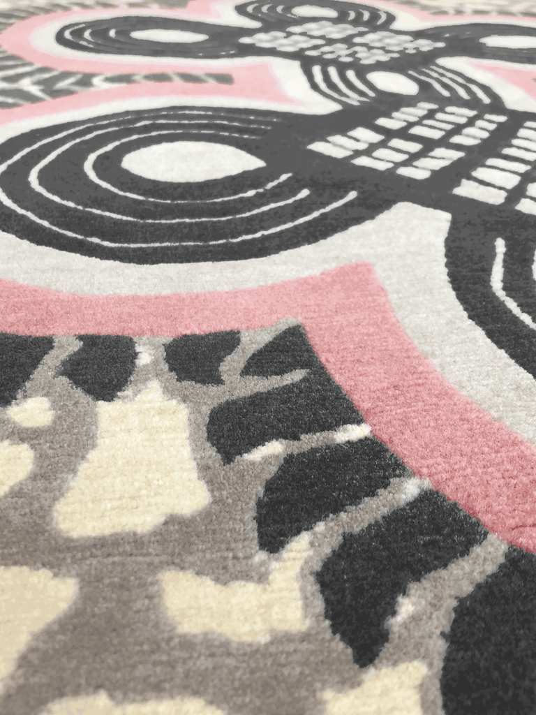 Elegant African rug with grey and pink calm topical pattern handwoven in Nepal from New Zealand wool