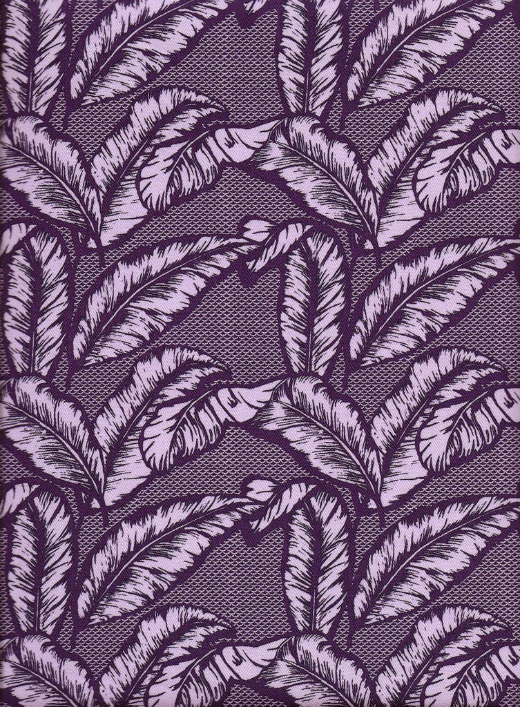 Vibrant African upholstery fabric with elegant purple palm leaf design. Interior textile.