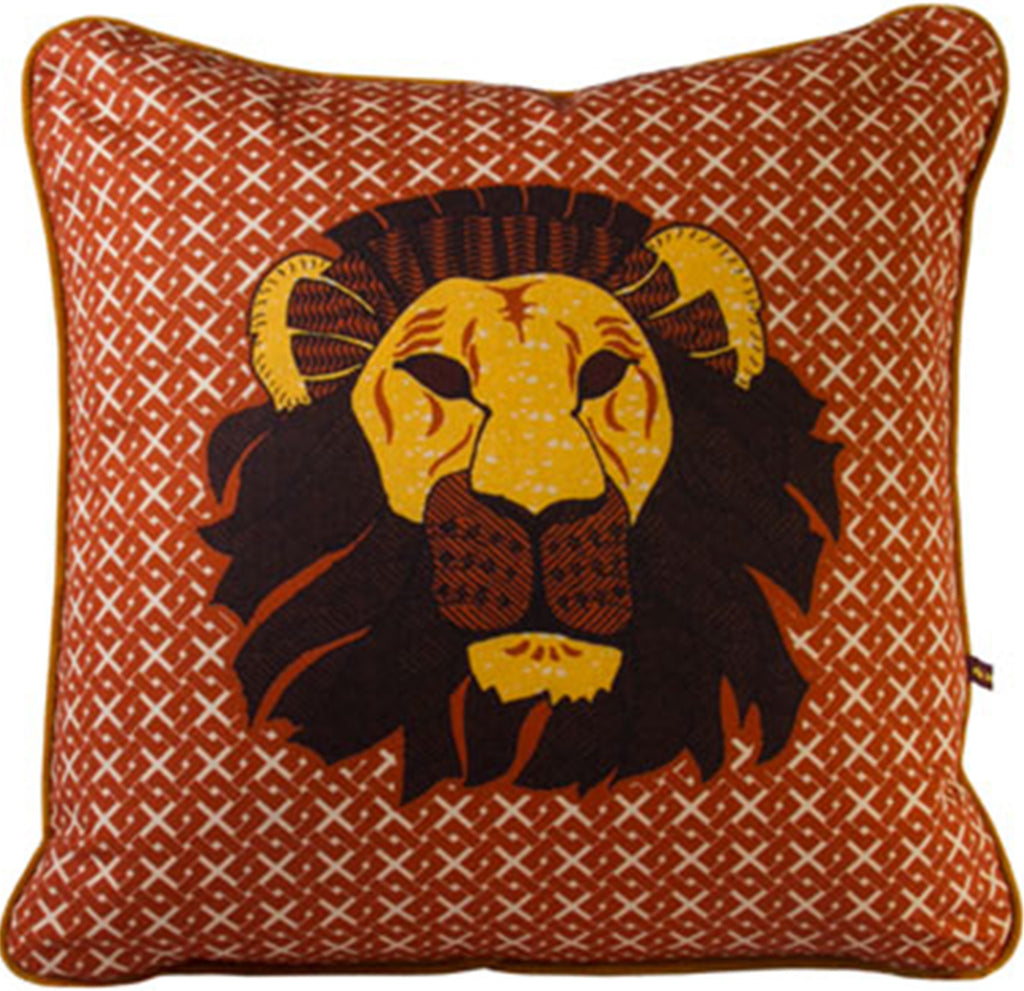 African Lion head cushion with brown geometric pattern